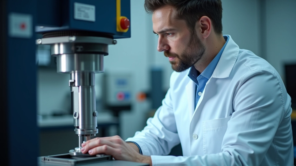 Technician performing tensile testing on metal sample in materials testing machine with digital display